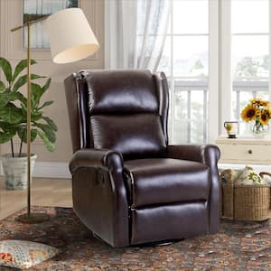 Chiang Brown Contemporary Wingback Faux Leather Manual Swivel Recliner Rocking Nursery Chair with Metal Base