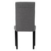 Back view of a gray upholstered dining chair with black legs.