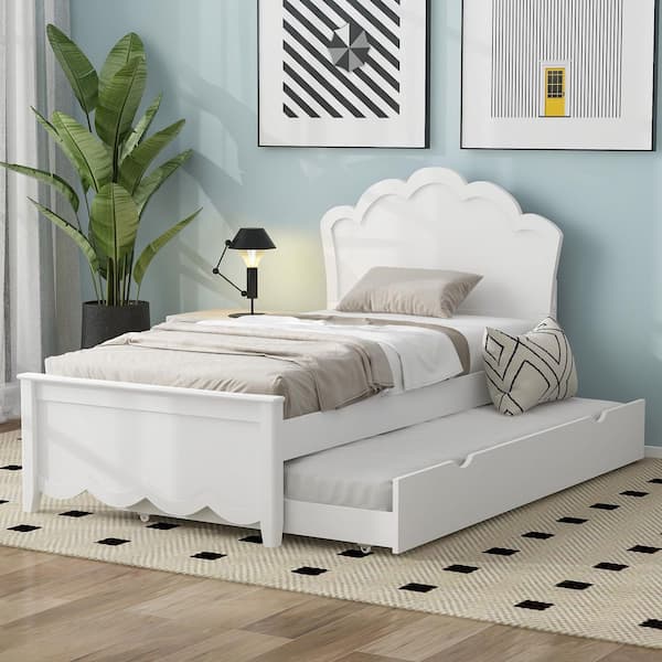 White Wood Frame Twin Size Platform Bed with Headboard and Twin Size Trundle
