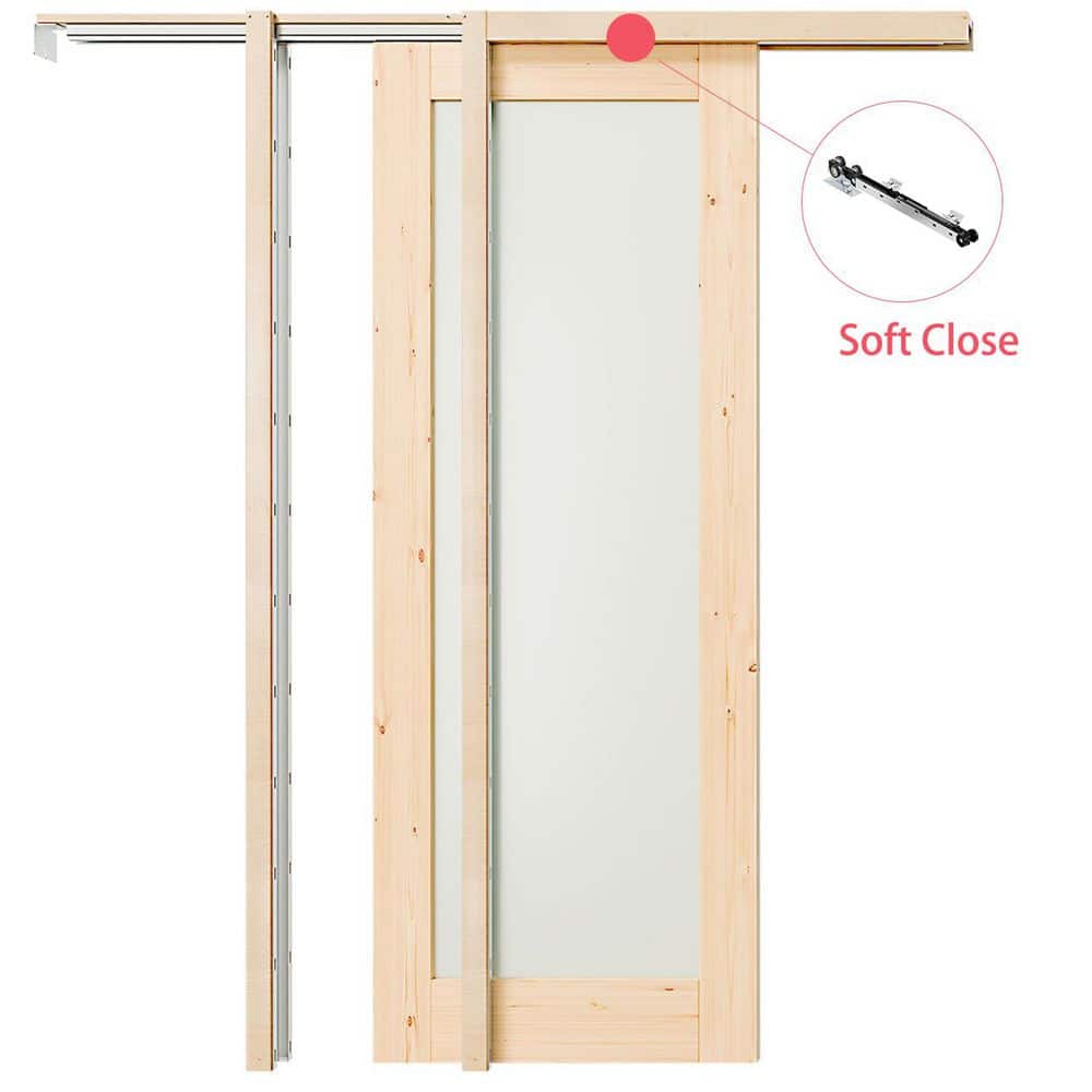 28 in. x 80 in. Full Lite Frosted Glass Light Brown Solid Pine Wood Pocket Door with Soft Close, Frame and Hardware Kit price history on PriceWatchPro