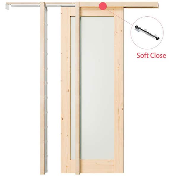 TENONER 24 in. x 80 in. Light Brown Solid Wood, Full Lite Frosted Glass, Primed Pocket Door with Soft Close, Frame and Hardware