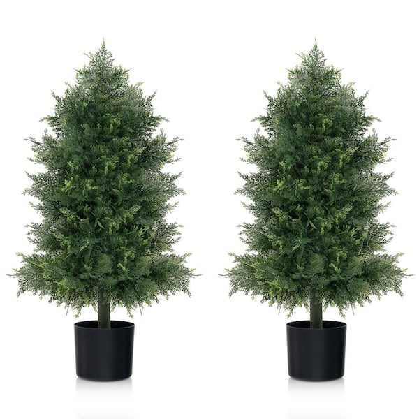 2PCS 2.6 ft. Artificial Cedar Topiary Tree Faux Indoor Floor Plant w/ Sturdy Trunk