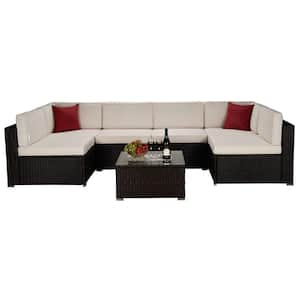 Brown 7-Pieces Wicker Outdoor Patio Conversation Sets Sectional Set with Beige Cushions
