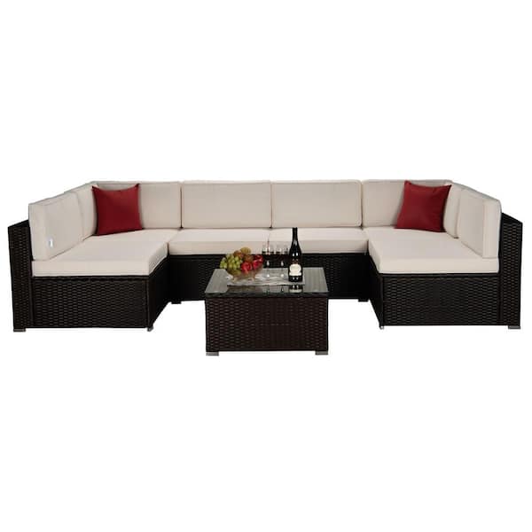 maocao hoom Brown 7-Pieces Wicker Outdoor Patio Conversation Sets Sectional Set with Beige Cushions