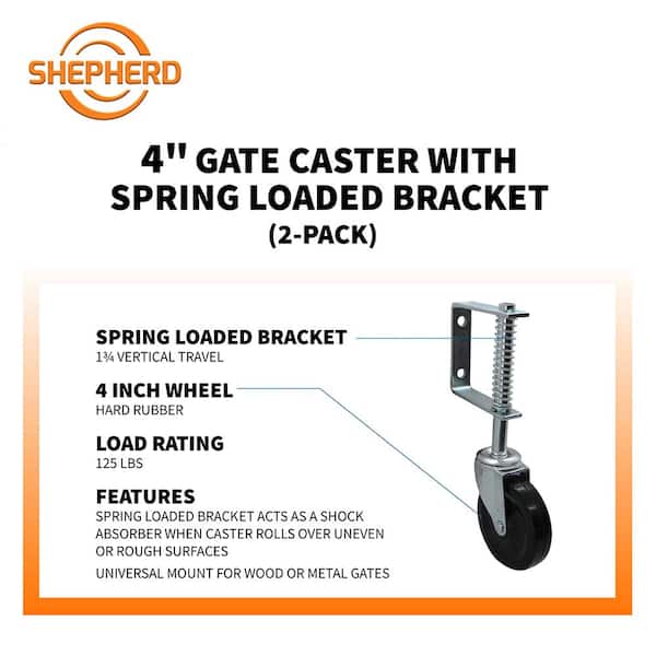 4 in. Black Hard Rubber and Steel Swivel Gate Caster with Adjustable Spring Bracket and 125 lbs. Load Rating (2-Pack)