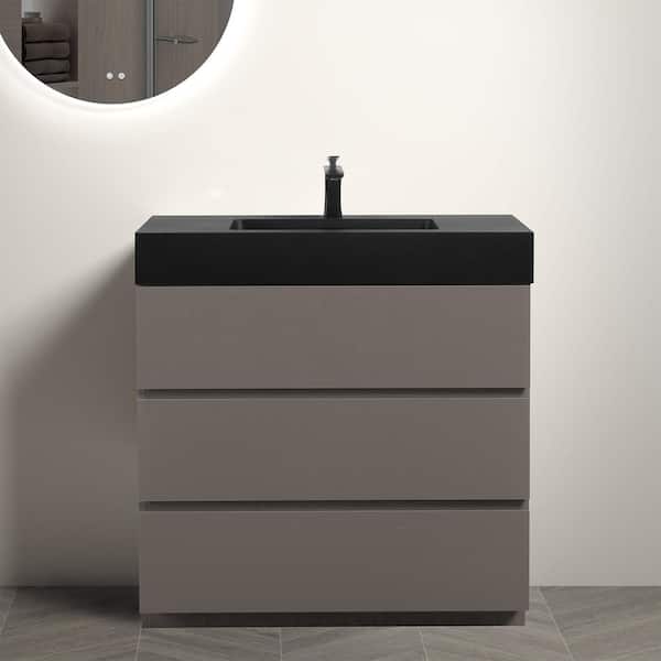 null NOBLE 36 in. W x 18 in. D x 37 in. H Single Sink Freestanding Bath Vanity in Gray with Black Solid Surface Integral Top