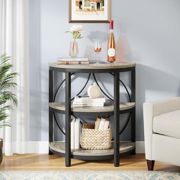 Andrea 23.62 in. Gray Semicircle Wood End Table with Metal Frame, Narrow Sofa Side Table with Storage for Small Space
