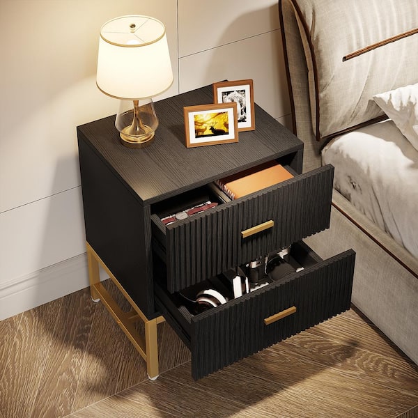 BYBLIGHT Fenley 2-Drawer Black Gold Nightstand Tall Side Table End Table with Metal Frame 25.6 in. H x 19.7 in. W x 15.8