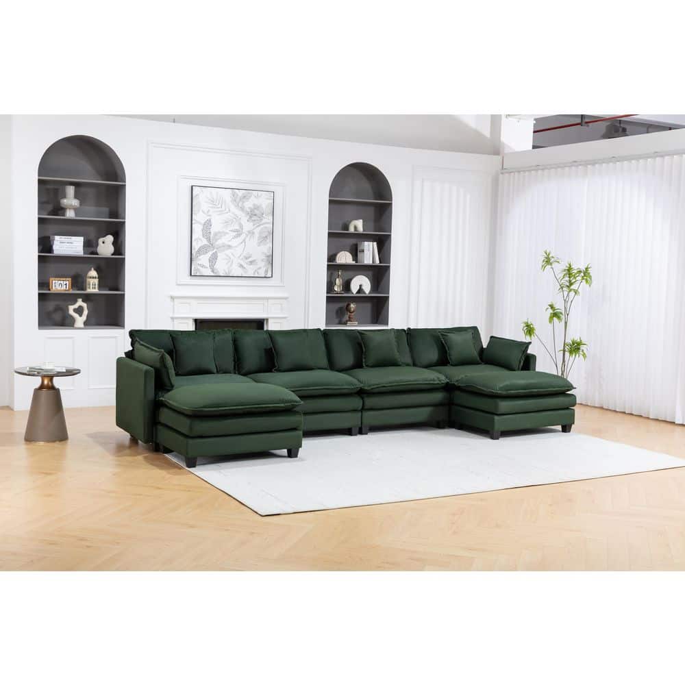 Isla Modern 149.6 in. Straight Arm 6-Piece Chenille Modular Sectional Sofa in Antique Green with 2 Ottomans, Pillows price history on PriceWatchPro