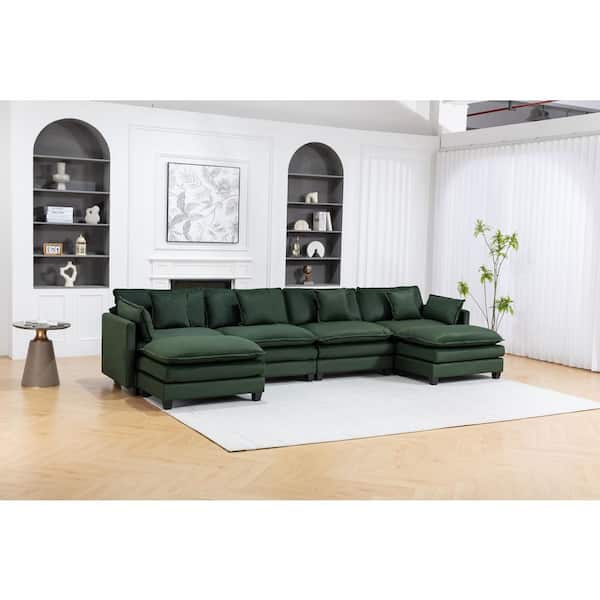 Isla Modern 149.6 in. Straight Arm 6-Piece Chenille Modular Sectional Sofa in Antique Green with 2 Ottomans, Pillows