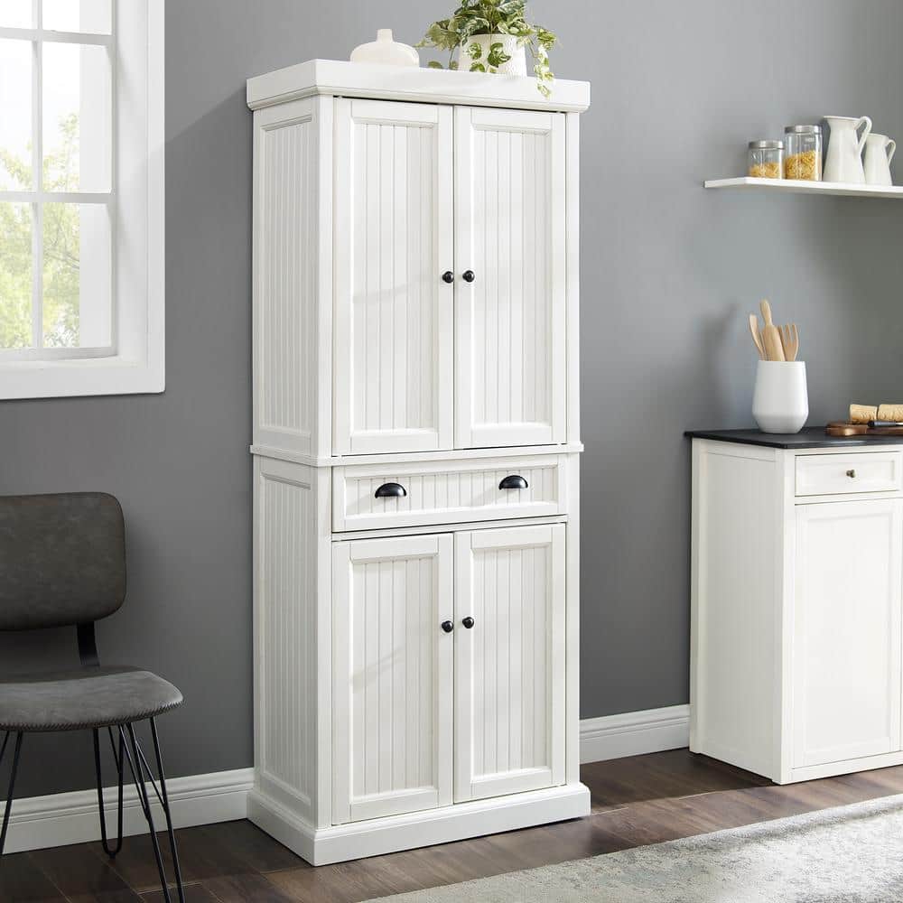 Seaside Distressed White Solid Wood Kitchen Pantry with Adjustable Shelves