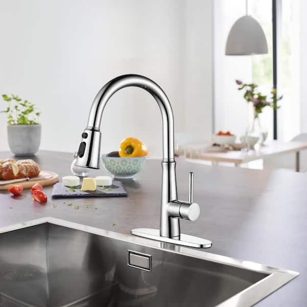Single Handle Pull-Down Sprayer Kitchen Faucet Stainless Steel with Deckplate Included in Chrome