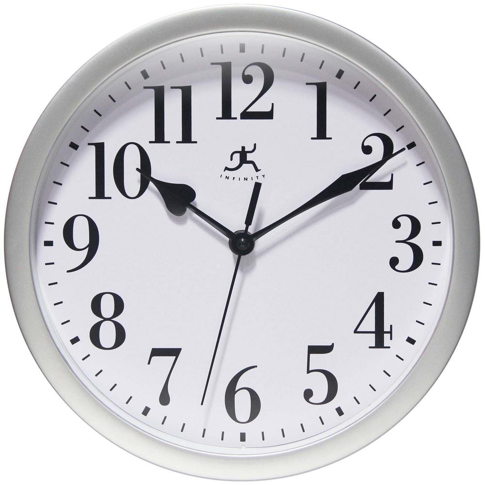 Classic Round Silver Plastic Wall Clock with Glass Lens, 9.63 Inch