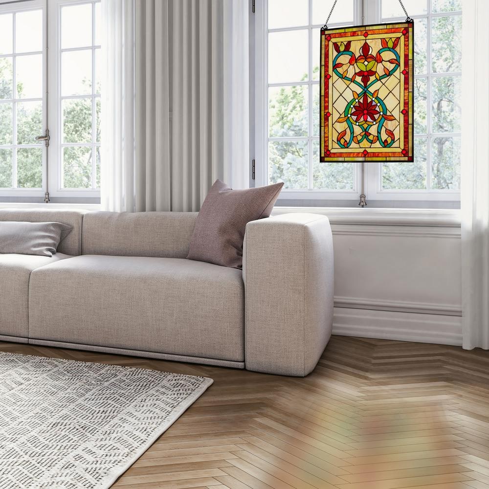Fiery Hearts and Flowers Multicolor Stained Glass Window Panel