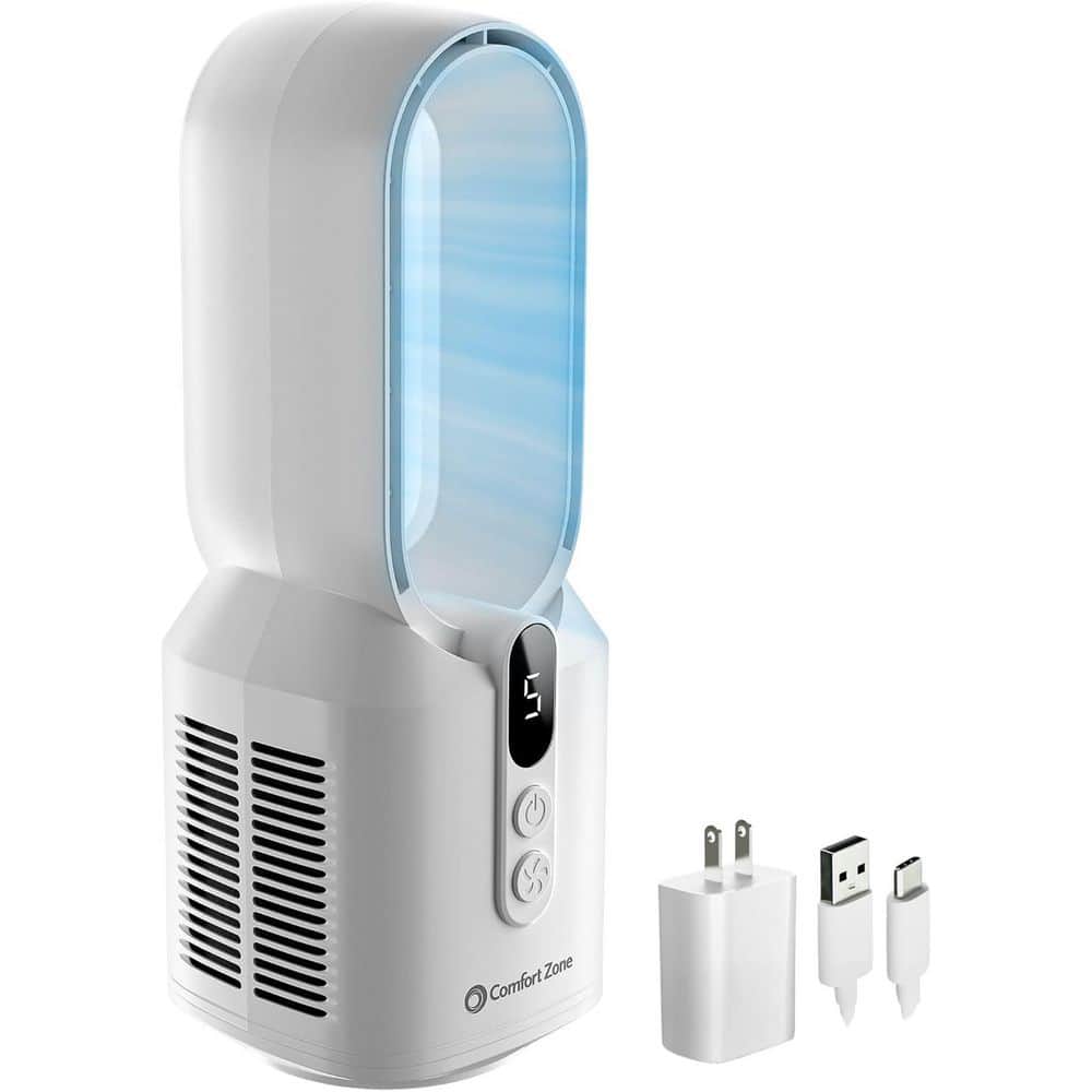 Comfort Zone 14 in. Tall and 5.5 in. Diameter 5 Speed Rechargeable Desktop Tower Fan in White with USB Type C Plug