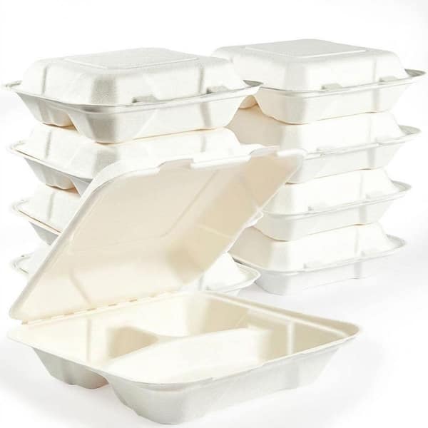 90 Compostable 8 x 8-in. 3-Compartment Clamshell Takeout Food Containers