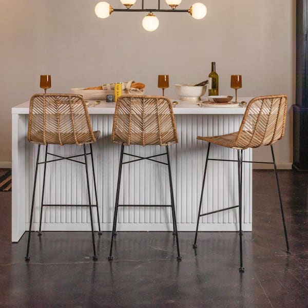 28 in. Natural Metal Chic Rattan Bar Stool with Metal Frame
