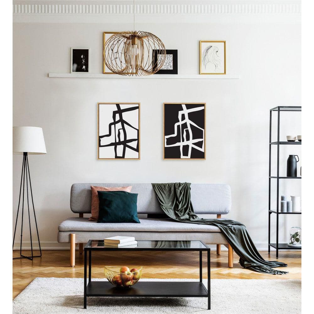 Bold Black and White Abstract Canvas Art Set with Natural Frame