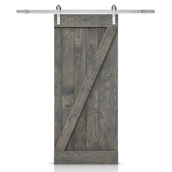 CALHOME Z Bar Series 36 in. x 84 in. Pre-Assembled Weather Gray Stained Wood Interior Sliding Barn Door with Hardware Kit