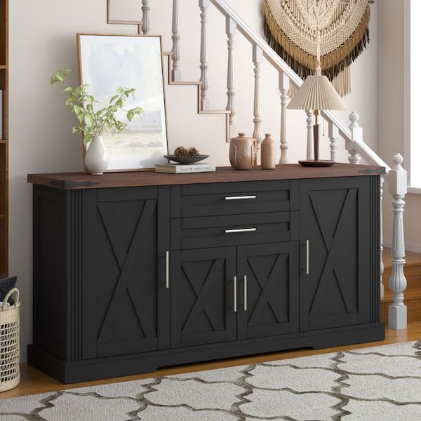 Black 63.11 in. Farmhouse Barn Door Storage Cabinet with 2 Drawers and Door Rack, Large Cabinets with Adjustable Shelves