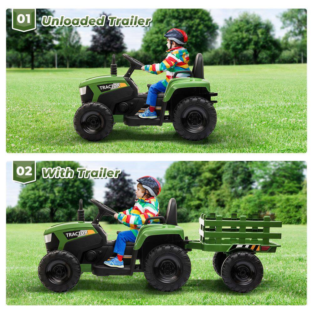12V Green Ride-On Tractor with Trailer and LED Lights