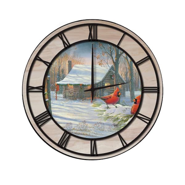 Unbranded "Cozy Winter Cabin" Woodgrain Accent and Black Numbers Imaged Wall Clock