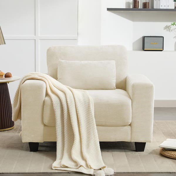 JEAREY Modern Beige Corduroy Enlarged Seat Accent Armchair with Pillow for Living