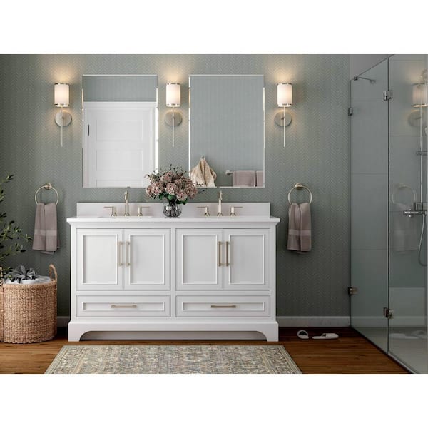 Home Decorators Collection Lareda 60 in. W x 22 in. D x 35 in. H Double Sink Freestanding Bath Vanity in White with White Engineered Stone Top