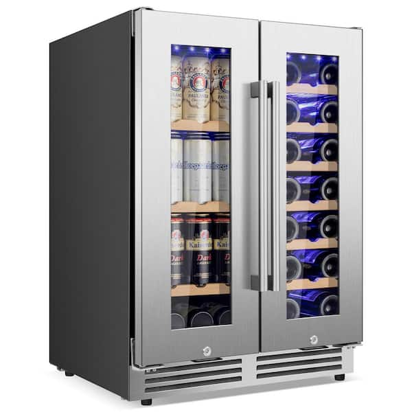 24 in. Dual Zone 20-Bottle and 57-Can Beverage and Wine Cooler 6-Adjustable Feet Built in Wine Fridge in Silver