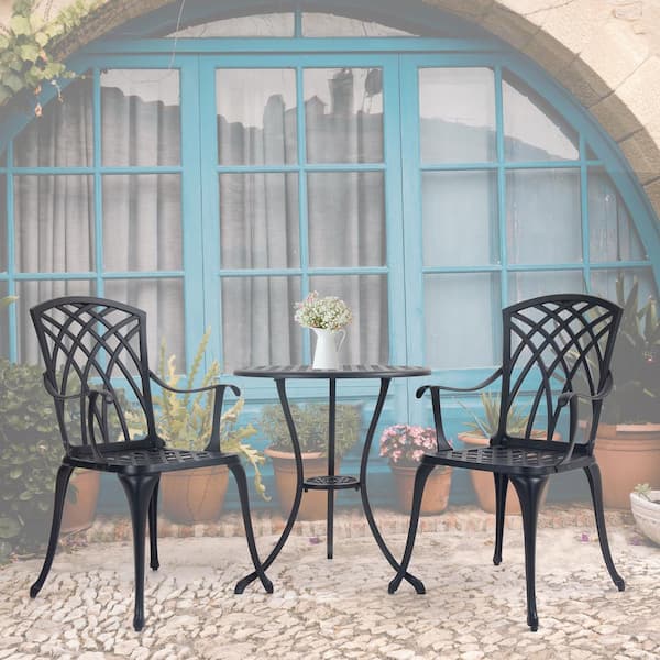 Sudzendf 3-Piece Black Aluminum Outdoor Bistro Table Set Cast Patio Furniture with Umbrella Hole Patio Balcony
