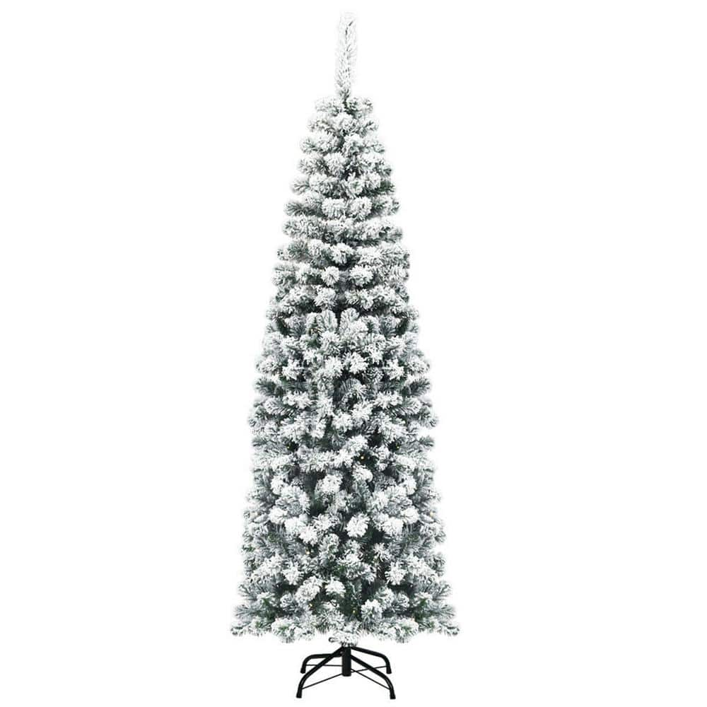 Gymax 6 ft. Snow Flocked Pencil Artificial Christmas Tree Artificial Pine Tree with Metal Stand