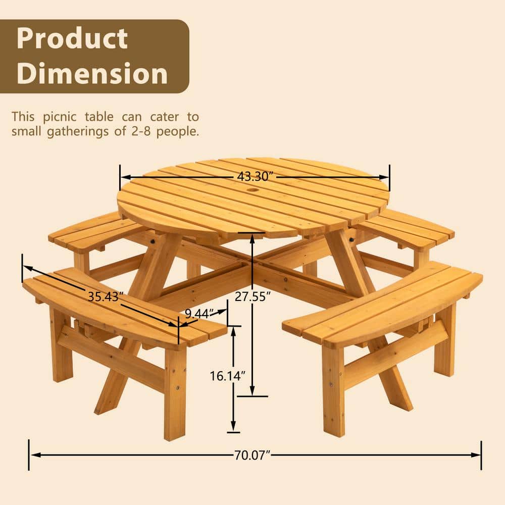 Natural Brown Round Wood Picnic Table with Built-in Benches and Umbrella Hole