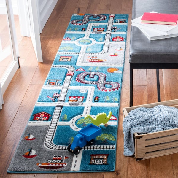 Carousel Kids 2 ft. x 10 ft. Turquoise/Ivory Geometric Runner Rug