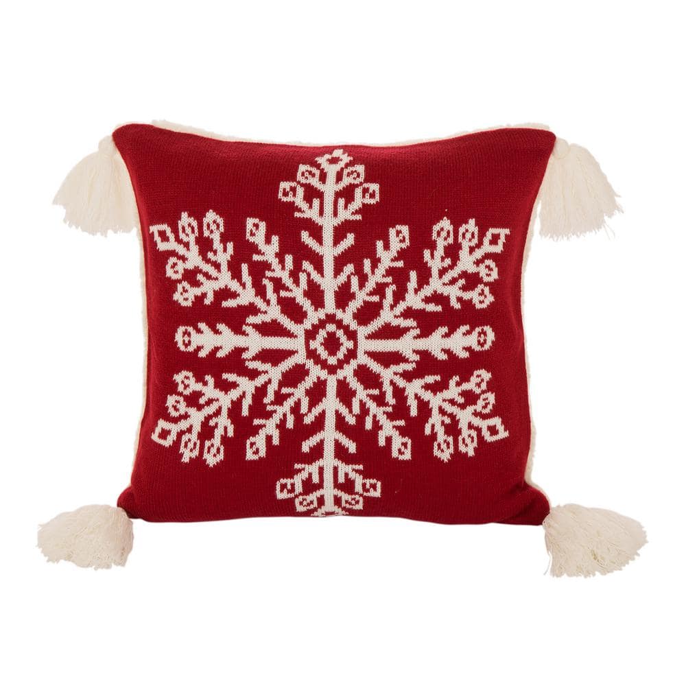 Red Knitted Snowflake Pillow Cover with Tassels
