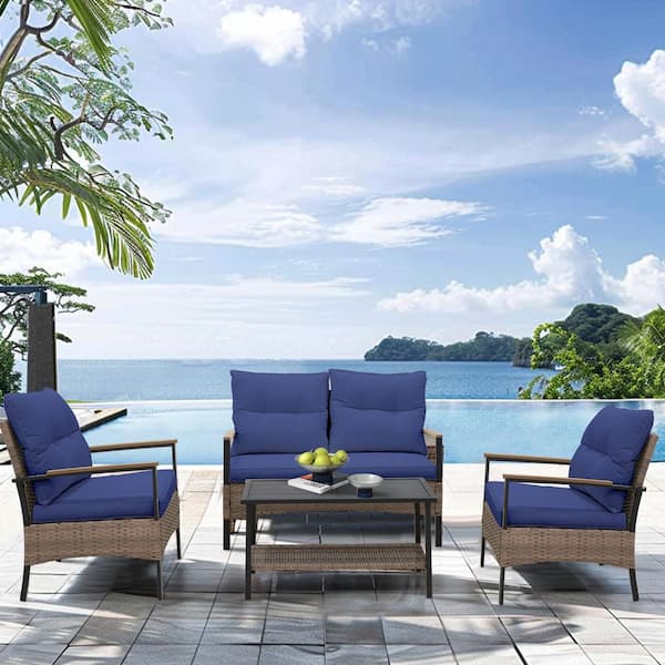 4-Piece Wicker Patio Furniture Set Rattan Outdoor Sofa Set, Loveseat and 2 Single Chair with Blue Cushion, Coffee Table