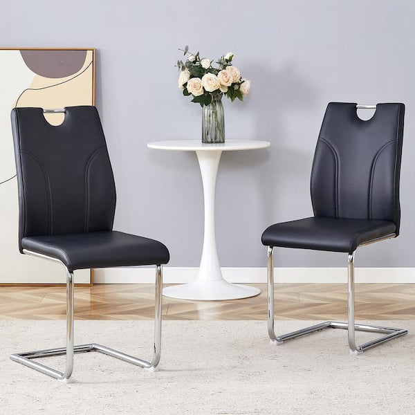Black PU Leather Upholstered Dining Chairs with Silver Metal Legs (Set of 2)