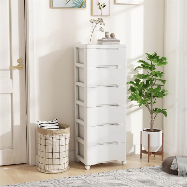 Costway White 45 in. Plastic Rolling Storage Cart with 4 Universal Wheels 7-Drawer Dresser Cabinet