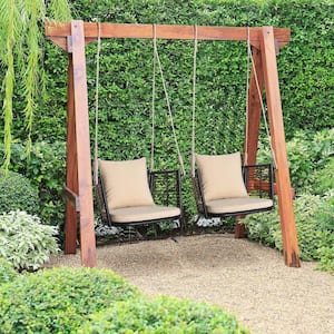 Outdoor Hanging Rattan Basket Chair Wicker Porch Swing Hammock Chair with Beige Cushion
