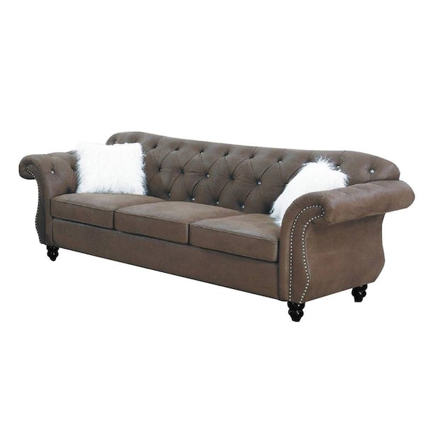 SIMPLE RELAX 93 in. Dark Coffee Faux Leather 4-Seater Sofa with Tufted Cushions with Nailhead Trim