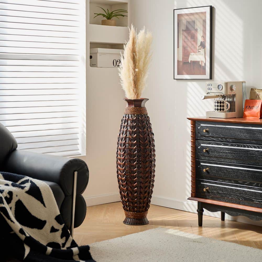 Tall Black Bamboo Floor Vase with Wicker Woven Design, 39 Inches High