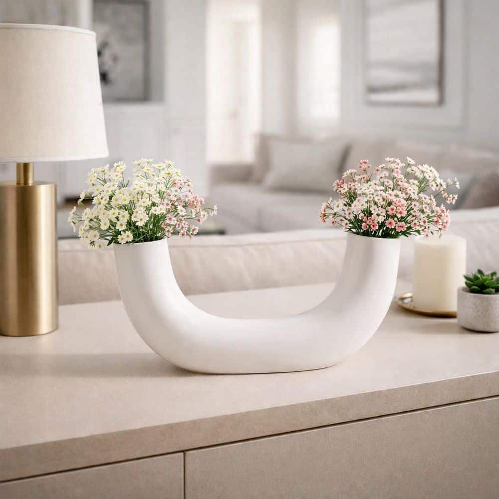 5 in. White Stoneware Geometric Half Circle Decorative Vase