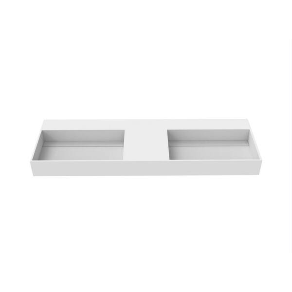 castellousa Juniper 60 in. Wall Mount Solid Surface Double-Basin Rectangle Bathroom Sink without Faucet Hole in Matte White