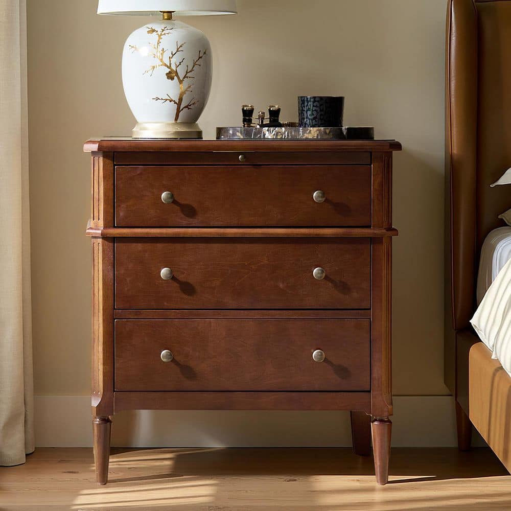 Fabien Walnut 3-Drawer 28 in. W Nightstand with Solid Wood Legs