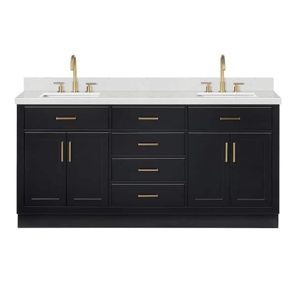 Hepburn 72 in. Double Sink Freestanding Bathroom Vanity in Black with Carrara White Quartz Top
