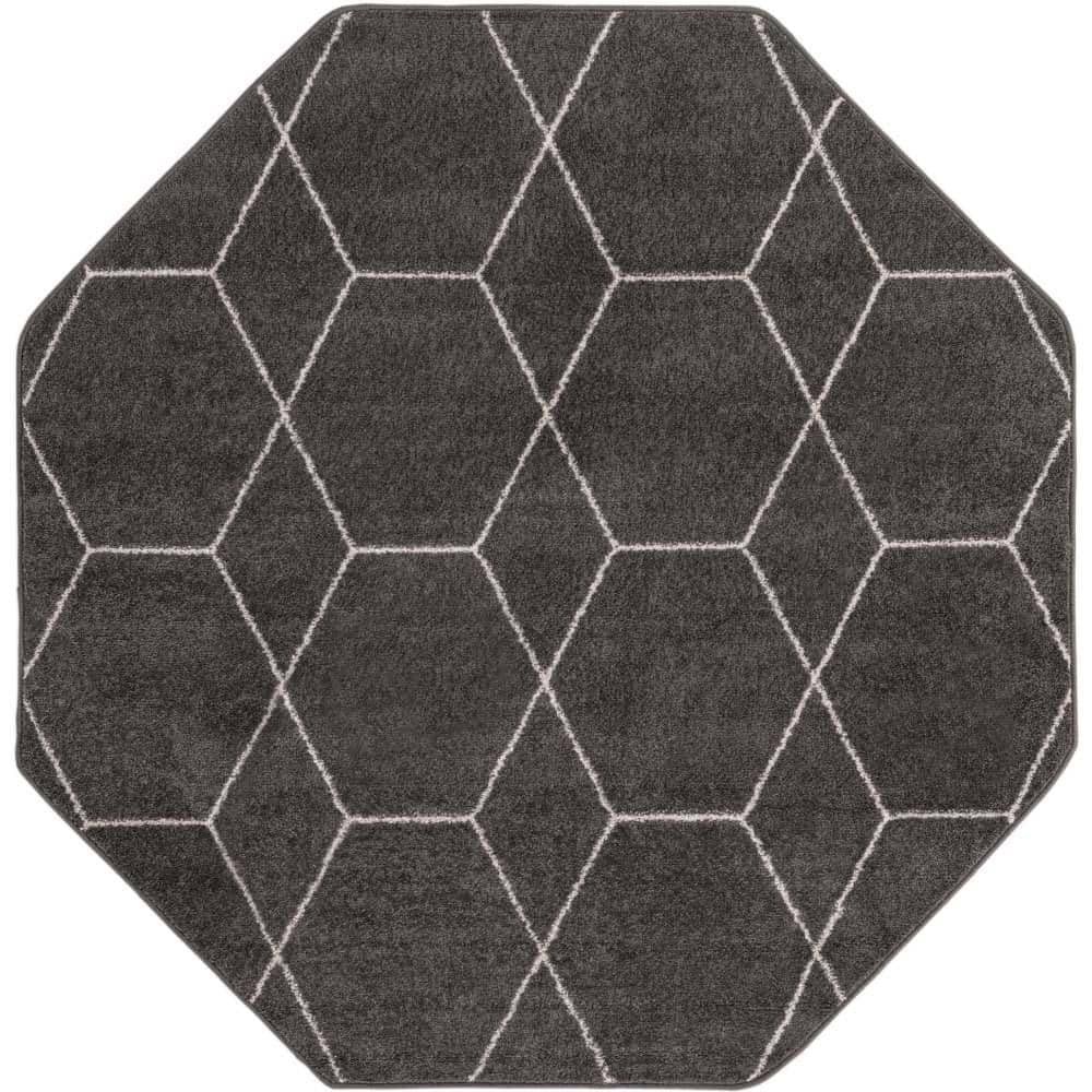 Dark Gray Octagon Synthetic Trellis Stain-Resistant Rug