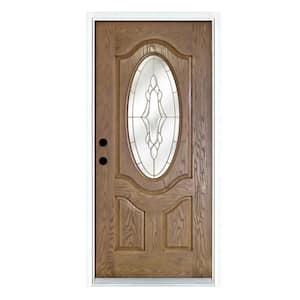 36 in. x 80 in. Medium Oak Right-Hand Inswing 3/4 Oval-Lite Andaman with Brass Stained Fiberglass Prehung Front Door