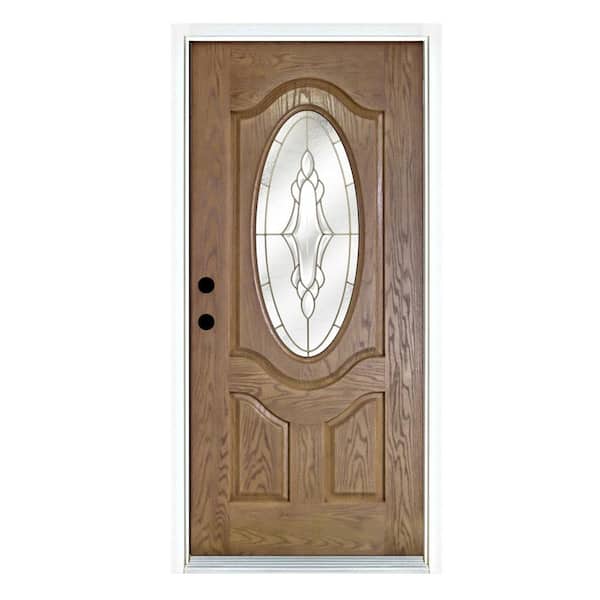 MP Doors 36 in. x 80 in. Medium Oak Right-Hand Inswing 3/4 Oval-Lite Andaman with Brass Stained Fiberglass Prehung Front Door