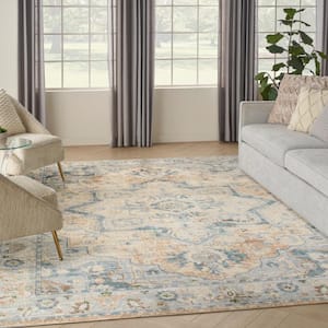 Astra Machine Washable Beige Blue 8 ft. x 10 ft. Center medallion Traditional Area Rug