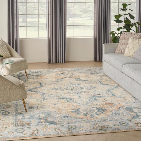 Astra Machine Washable Beige Blue 8 ft. x 10 ft. Center medallion Traditional Area Rug
