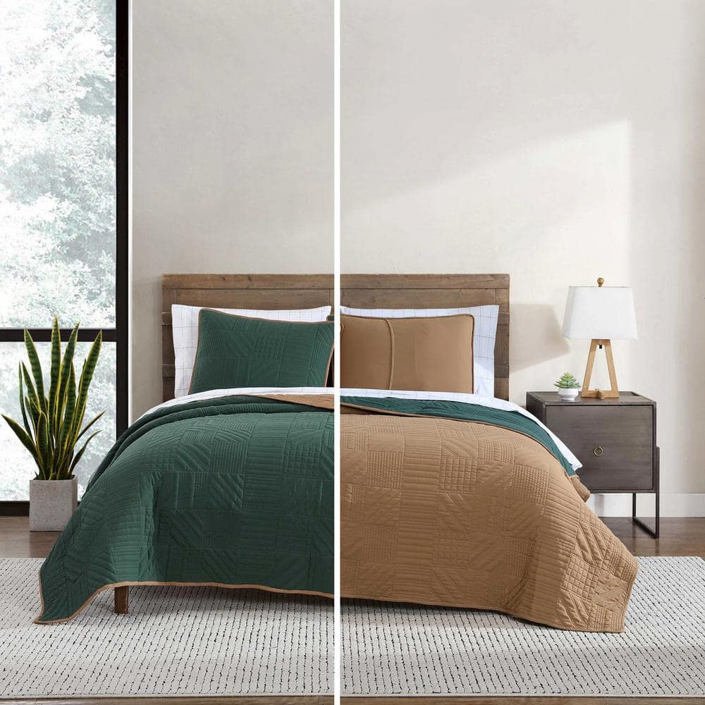 Full Reversible Brown and Green Microfiber Quilt Set